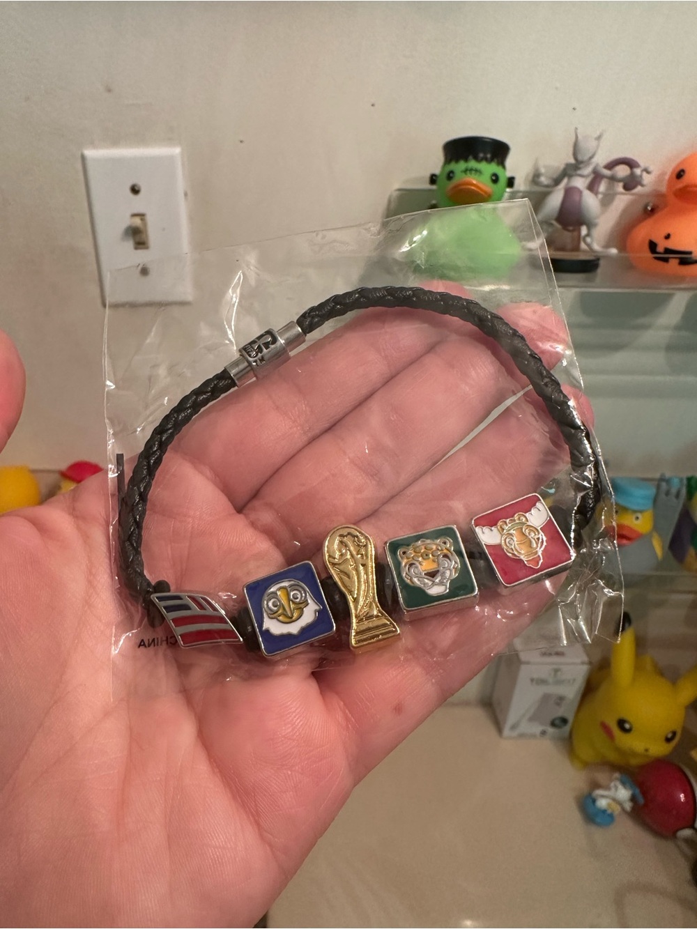 Black Braided Leather Bracelet with Multicolor Enamel FIFA Charms